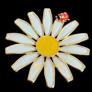 Vintage Weiss Brooch Pin Daisy Ladybug Enamel Gold Tone Brooch Mod GoGo Hippy